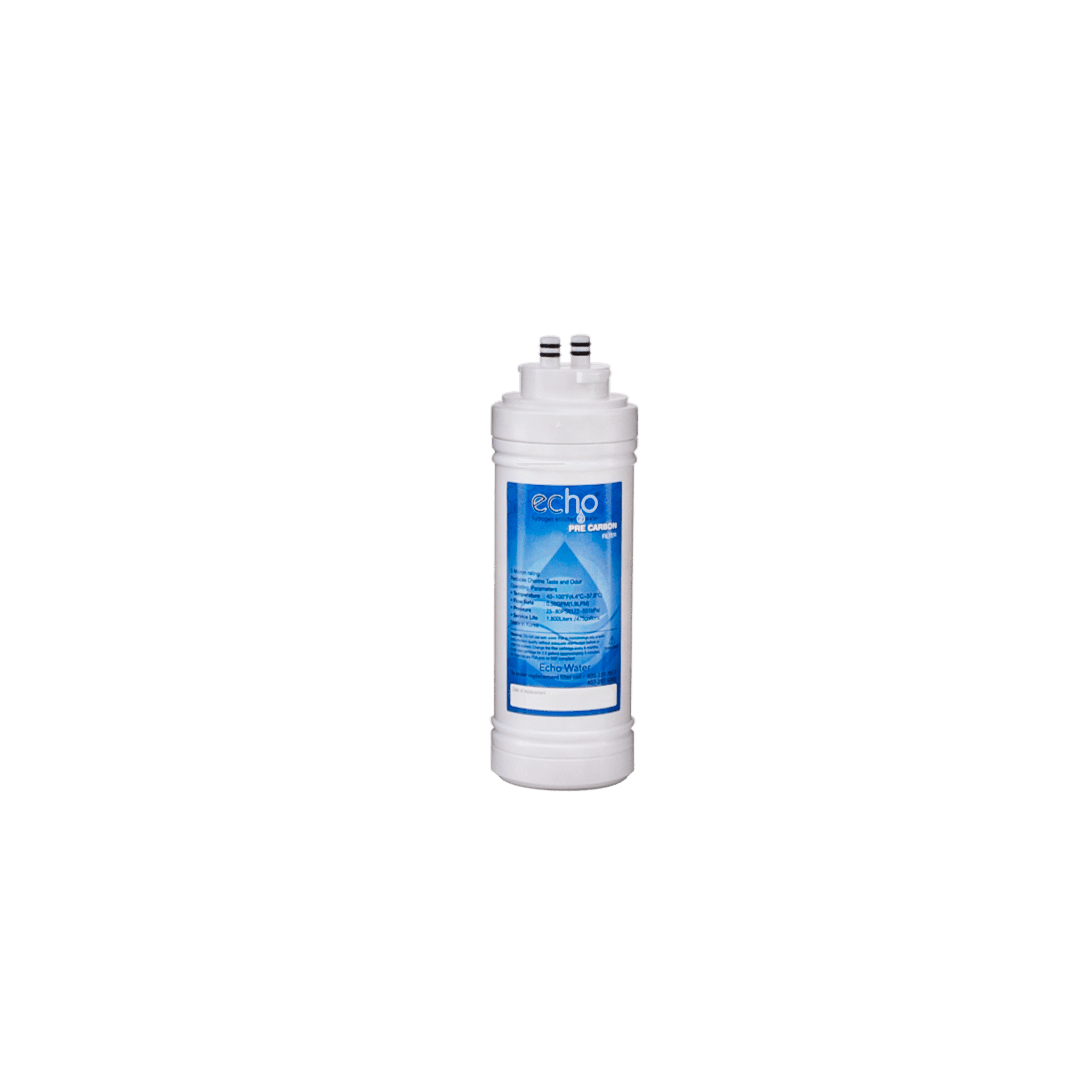 Echo replacement carbon block water filter cartridge with blue label on white background