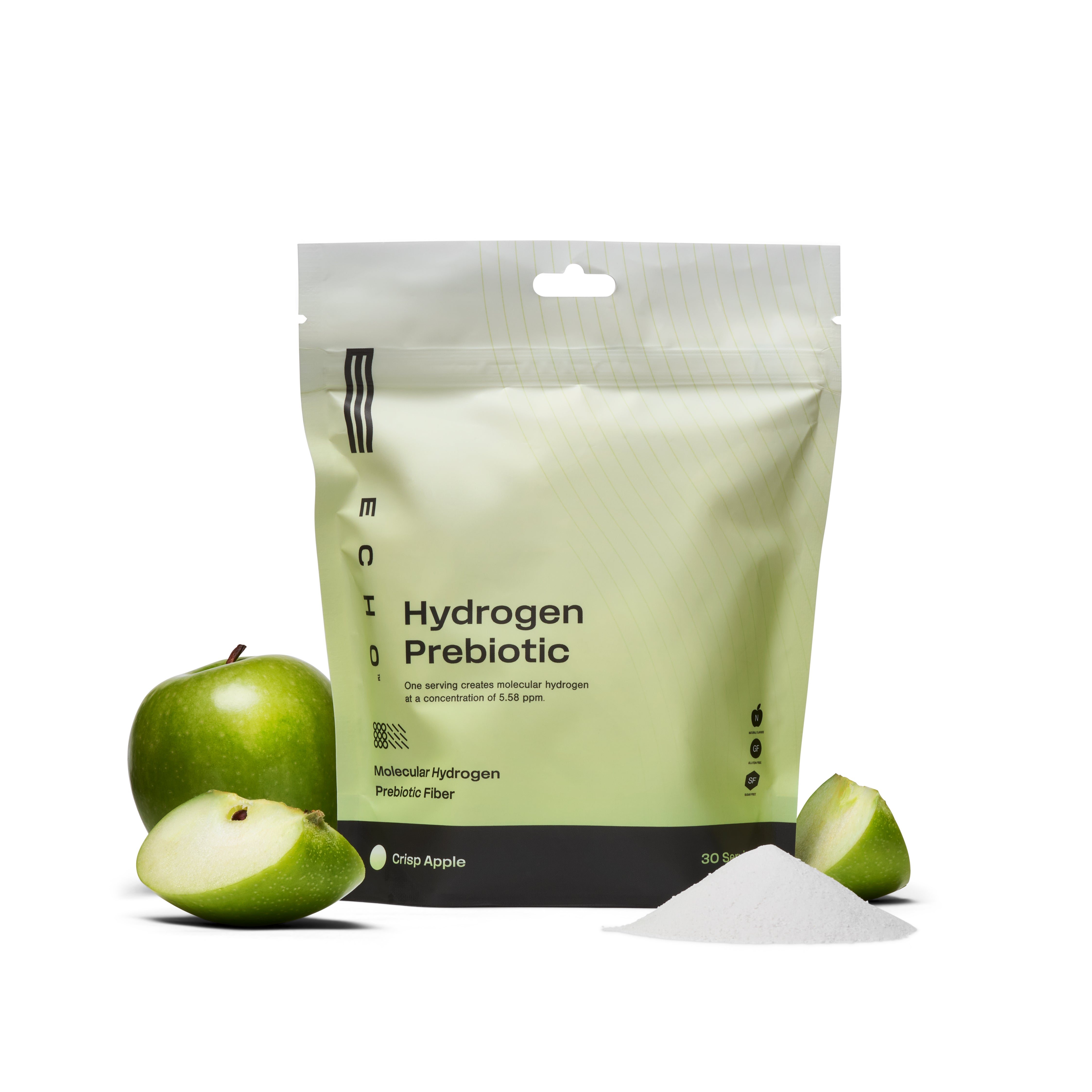 Hydrogen prebiotic powder pouch, crisp apple flavor, with green apple and powder on white background