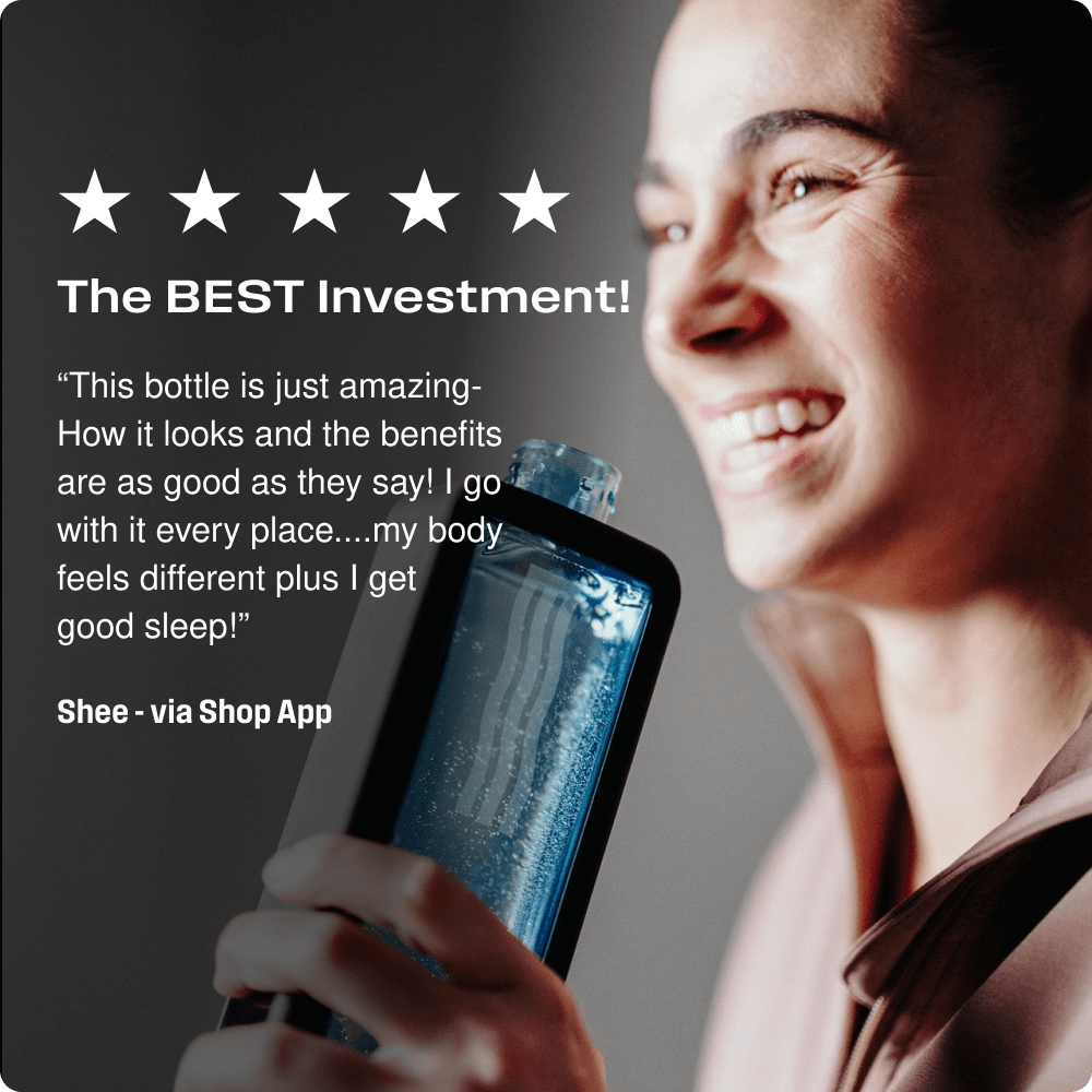 Smiling woman holding hydrogen water bottle with five-star review and testimonial text.