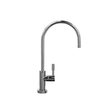 Sleek chrome hydrogen water faucet with curved spout and side handle on plain background