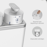 Tankless reverse osmosis water filter system with bayonet type disposable cartridges.