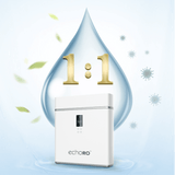 Tankless reverse osmosis water filter with 1:1 water droplet ratio, bacteria icons and green leaves